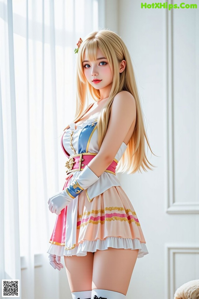 A woman in a pink and white dress posing for a picture.