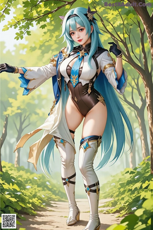 A woman with long blue hair standing in the woods.