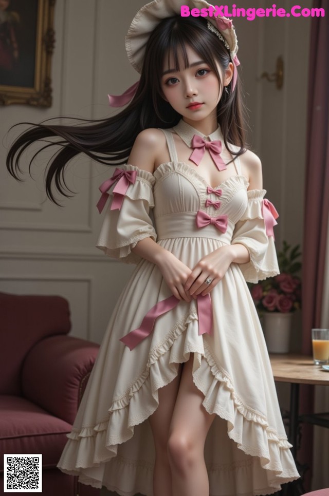a woman in a white dress and hat posing for a picture