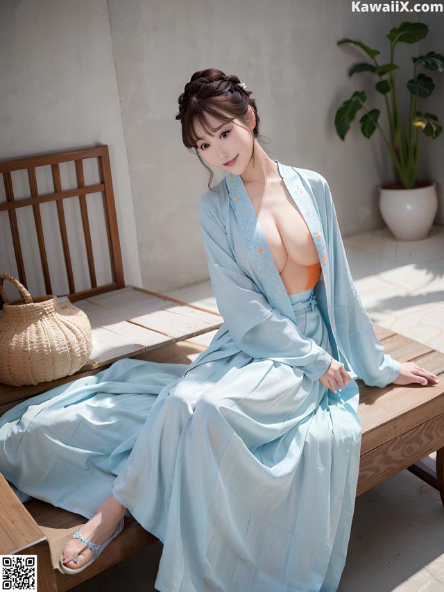 A woman in a blue dress sitting on a wooden bench.