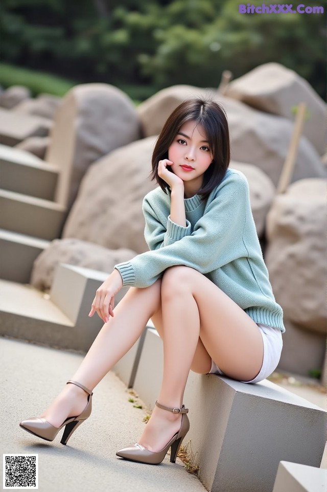 A woman sitting on a concrete bench with her legs crossed.