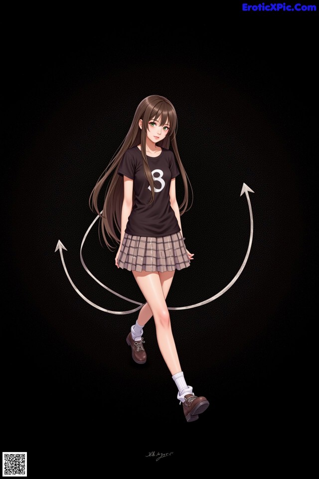 A girl in a black shirt and plaid skirt is holding a hula hoop.