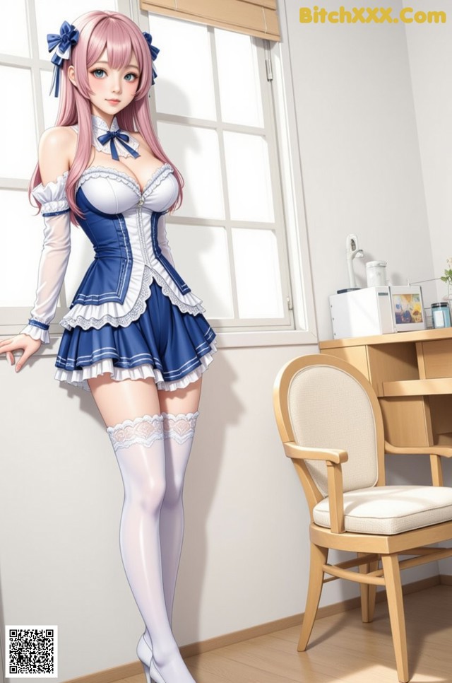 A woman in a blue and white dress standing next to a window.