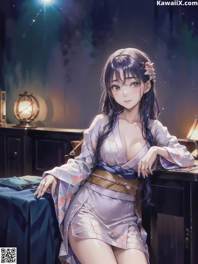 A woman in a kimono sitting on a bed.