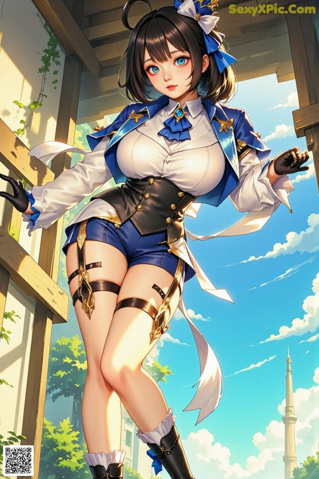 A woman in a blue and white outfit is posing for a picture.