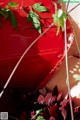 A close up of a red umbrella with leaves on it.