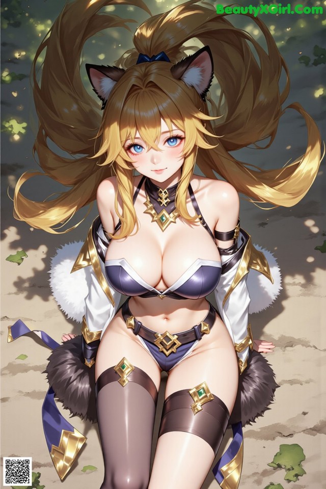 A woman in a bikini with a cat ears on her head.