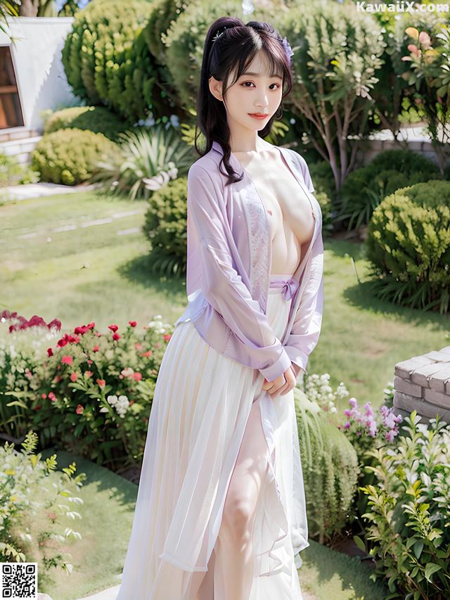 A woman in a long white dress standing in a garden.