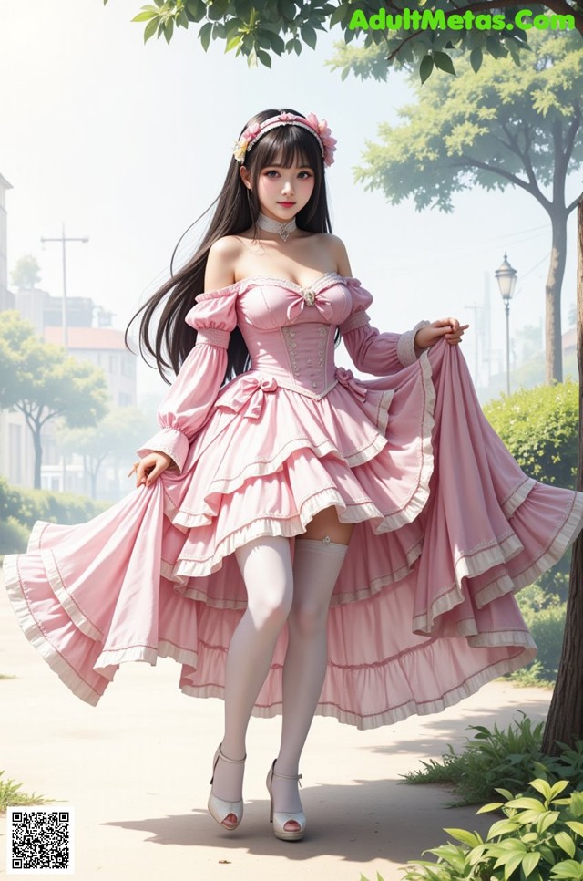 A woman in a pink dress is walking down a sidewalk.