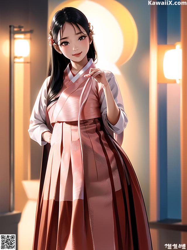 A woman in a pink and white dress standing in a room.