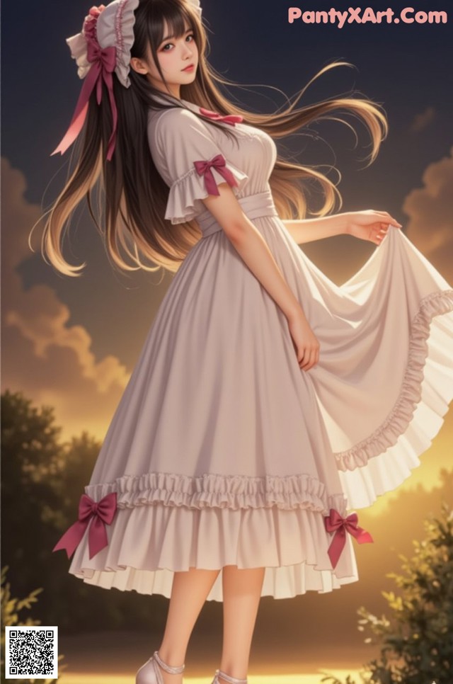 A girl in a white dress with a pink bow on her head.